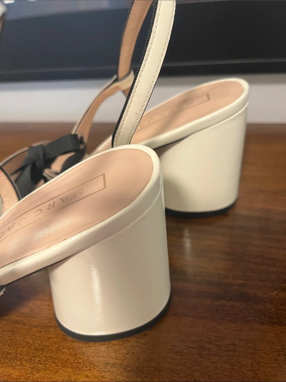 Marc Jacobs Cream Patent Slingback Sandals with Black Ribbon Bow